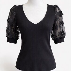 Dolan Black Floral Lace Sleeve Blouse